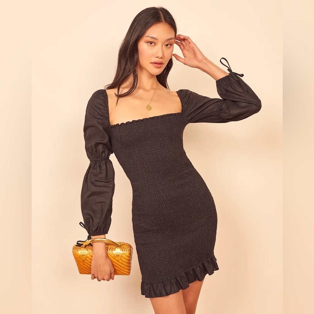 Reformation Hilary Black Smocked Mini Dress Size M